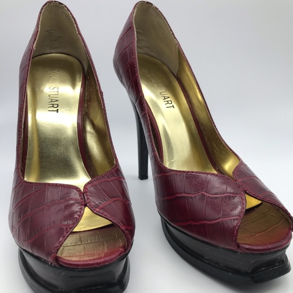 Colin Stuart Red Platform Heels Peep Toe Women 8.5 Leather Reptile Snake Print - Picture 3 of 8